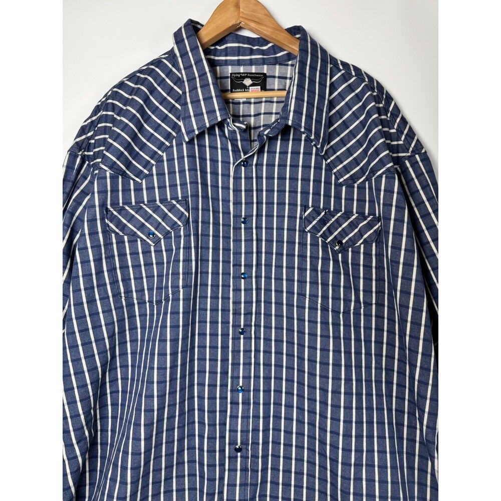 Flying R Ranchwear Mens 4XL‎ Blue White Plaid Pearl Snap Western Made in USA - Picture 2 of 11